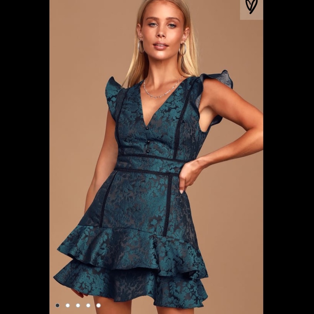 Jacquard Teal Blue Black Ruffled Mini Dress